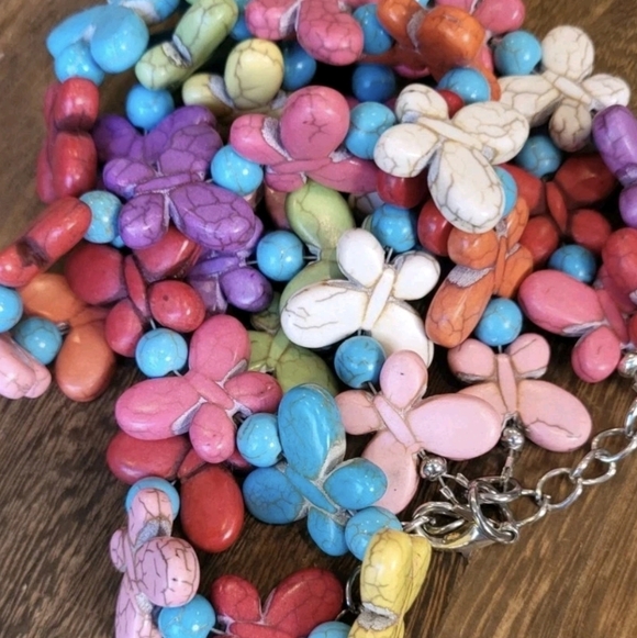 Double Strand Distressed Rainbow Butterfly Stone Beaded Necklace w/ Extender - Picture 8 of 12